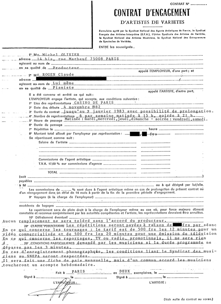 1982.10ContratEngagementCasinoDeParis50AnsdAmourTinoRossiA - Anonyme