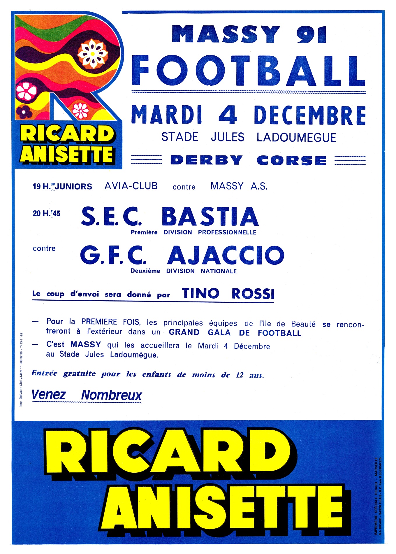 1979.12.04AfficheMatchFootballBastiaAjaccioMassyCoupdEnvoiTinoRossi